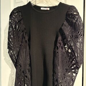Zadig & Voltaire Black Ribbed Crew Sweater with Lace Puff Sleeves
